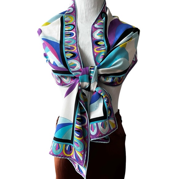 Emilio Pucci Accessories - Emilio Pucci Vibrant Silk Scarf With Geometric Print in Purple, Blue, and White